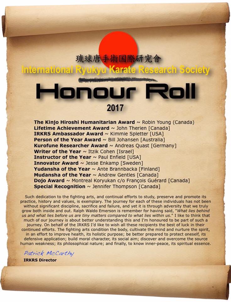 International Ryukyu Karate Research Society / Honour Roll - Writer of the year 2017